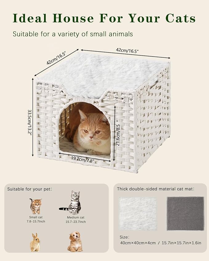 SETVSON Cat Beds Indoor Kitten House, Handwoven Rattan Cat Cave Pet Cube, Large Cat Houses, One Bed Mat, Foldable, Hideaway, 16.5x16.5x13.2 Inches, 2 S-Shaped Hooks in Living Room Bedroom Gray