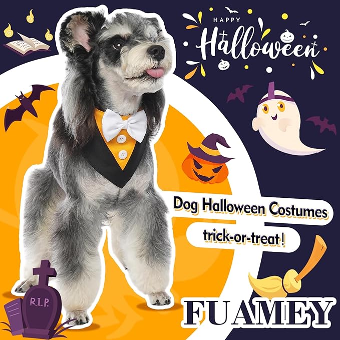 FUAMEY Dog Tuxedo Halloween for Small Dogs,Dog Formal Suit Dogs Attire Pet Bow Tie Puppy Party Costumes Cat Tux Outfits Pets Bandana Cosplay Adjustable Bowties Thanksgiving Halloween XS