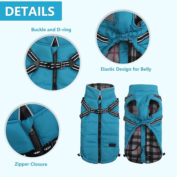 Geyecete Winter Warm Coat Waterproof Jacket with Harness Traction Belt,Pet Outdoor Jacket for Medium, Small Dogs-Blue-XL