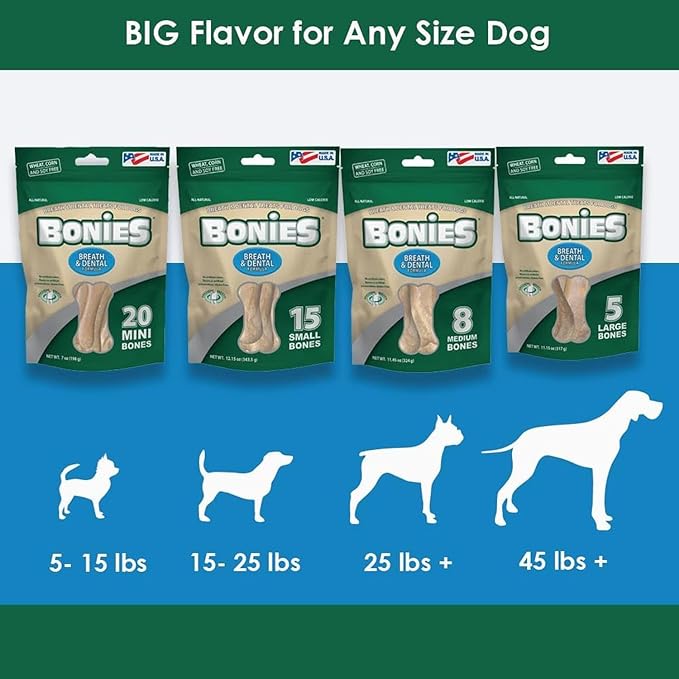 Bonies Natural Breath and Dental Formula Large-Sized Single Bone - All-Natural Ingredients, Fresh Breath, Cleans Teeth, Low Calories, Chicken Flavor, [Large Dogs], 5 Bones