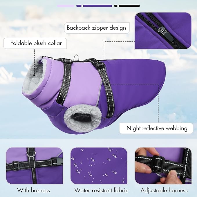 Dog Coat with Harness Built, Dog Winter Jacket with Zipper Closure, Warm Pet Fleece Puffer Coat with Reflective Strips & Furry Collar, Waterproof Snowsuit for Medium Large Dogs - Purple XXL