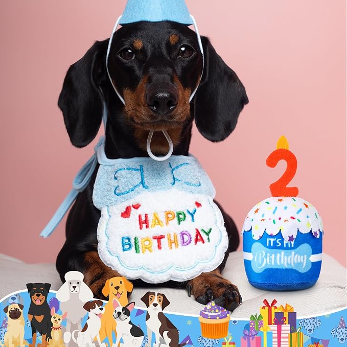 Dansydaisy Dog Birthday Cake Toy Squeaky Plush Gift,2nd,Blue