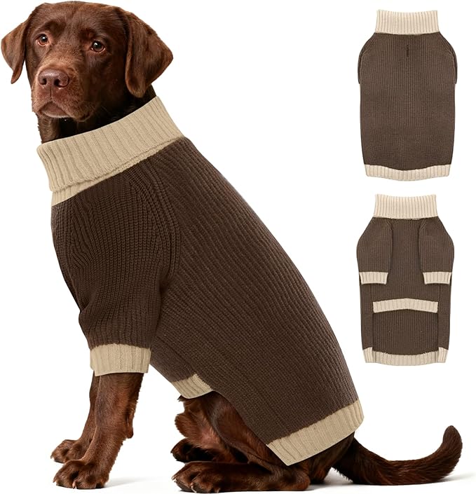 Dog Sweater XXXL, Turtleneck Sweaters with Leash Hole, Soft Knit Pullover for Large Dogs Male Female, Winter Thermal Pet Sweaters for Doberman Labrador, Brown 3XL