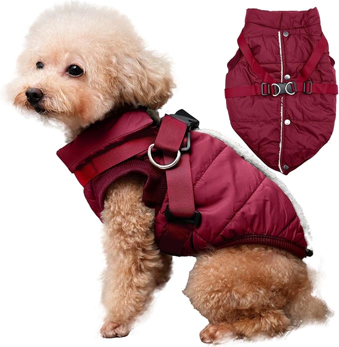 Dog Jacket with Harness,Fleece Lined Warm Puppy Coat for Winter,Soft Windproof Small Dog Vest,Red S
