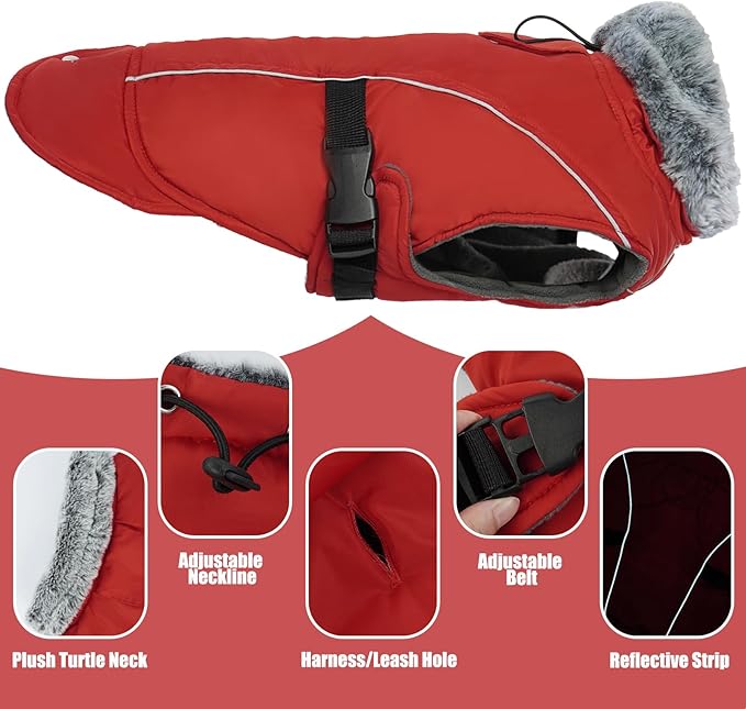 DENTRUN Winter Warm Dog Coat Reflective Jacket with Turtleneck for Cold Weather, Adjustable Buckle Windproof Water Repellent, Thick Snowsuit Fleece Vest for Small, Medium, Large Dogs, Red, M
