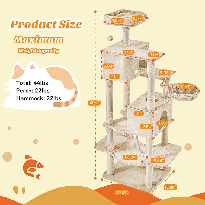 Aidoly Large Cat Tree 66 Inch, Multi-Level Tall Cat Tree Tower with Condo, Perches, Sisal Scratching Posts and Hammock, Pet Play House with Dangling Balls for Indoor Cats, Beige