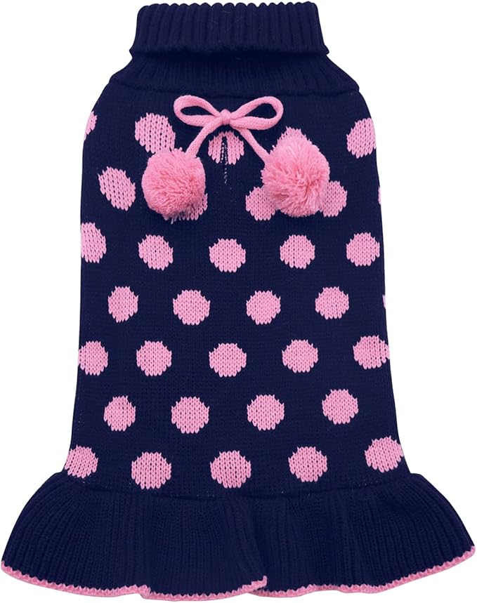 KYEESE Dog Sweaters with Leash Hole Small Dogs Sweater Dress Polka Dot Knitwear Warm for Girl Dog Clothes with Pom Pom Ball, M