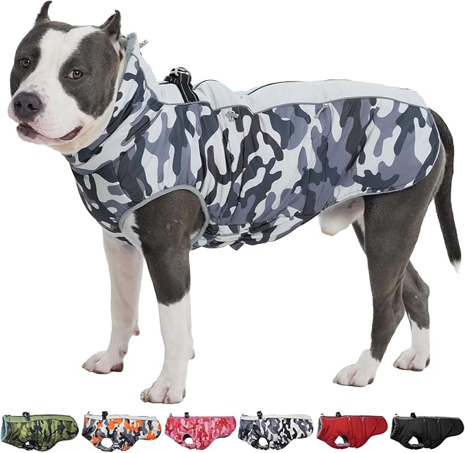 Medium Dog Coat Dog Winter Jacket,Warm Dog Coat with Harness Reflective Dog Snow Jacket Water-Resistant Dog Vest Zip Up Snowsuitfor Medium Dogs Jack Russell, Mini Schnauzer, Grey-Camouflage
