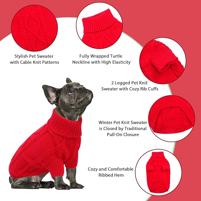Queenmore Small Dog Pullover Sweater, Cold Weather Cable Knitwear, Classic Turtleneck Thick Warm Clothes for Chihuahua, Bulldog, Dachshund, Pug (Red, X-Small)