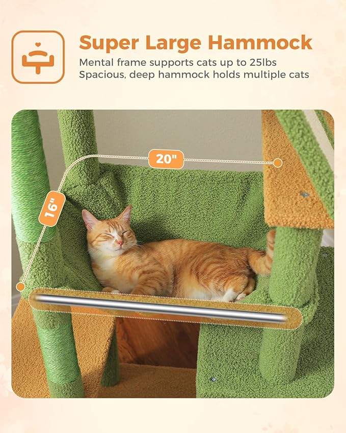 MUTTROS Cactus Tall Cat Tree 71" for Large Cat 20 lbs with Super Large Hammock, Heavy Duty Cat Tower with 4 Sisal Scratching Posts & 2 Spacious Condos for Big Adult Cats Maine Coon-Green