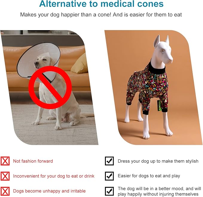 LovinPet Pet Pajamas for Pit Bulls, Full Coverage Dog Pjs with Black Trim, Decoupage Ink Print, Post Surgery Shirt, UV Protection, Pet Anxiety Relief Shirt, Large Dog Jammies, Pitbull Clothes, XL