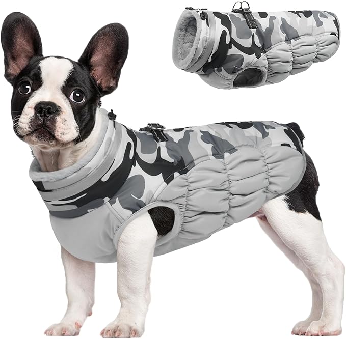 FUAMEY Dog Coat for Small Dogs,Waterproof Dog Winter Jacket with Harness Built in Puppy Cold Weather Coats Reflective Pet Vest with Zipper Warm Fleece Dogs Snowsuit Windproof Grey Camo XS