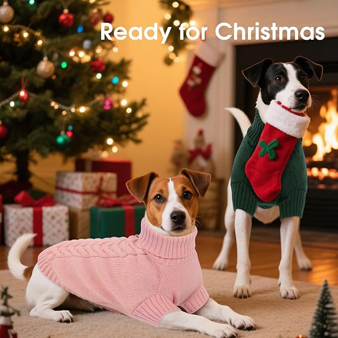 Dog Sweaters for Large Dogs Classic Turtleneck Dog Christmas Sweater Thick Warm Pullover Female Puppy Pet Stretch Knitwear Fall Winter Clothes with Leash Hole(Pink, 2XL)