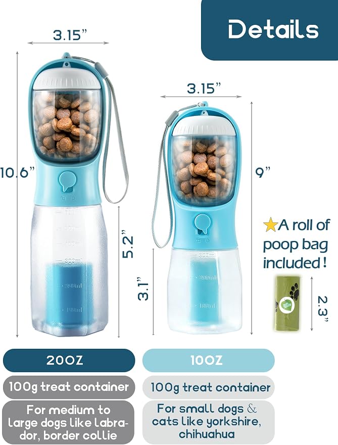 Portable Water Bottle for Dogs, 3 in 1 Pet Travel Bowl Dispenser with Food Treat Container & Poop Bag Holder, Summer Outdoor Walking Hiking Accessories for Large Dog On The Go - Blue, 20oz
