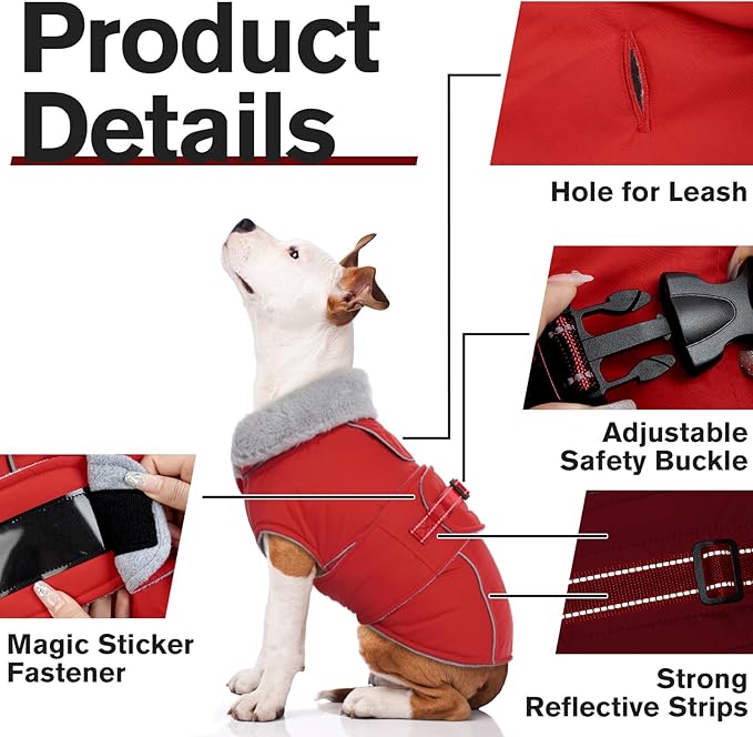 Lelepet Warm Dog Coat - Reflective Waterproof Fleece Vest with Adjustable Buckle Hook & Loop, Windproof Winter Jacket Dog Coats for Small Medium Large Dogs, Red, L