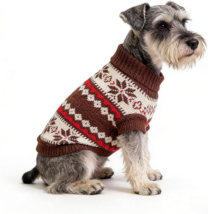 Small Dog Cold Weather Sweaters – Warm Knit Turtlenecks, Cozy Pet Pullovers Dog Clothes with Leash Hole for Chihuahua Bulldog Pug Beagles (Brown/White, Small)