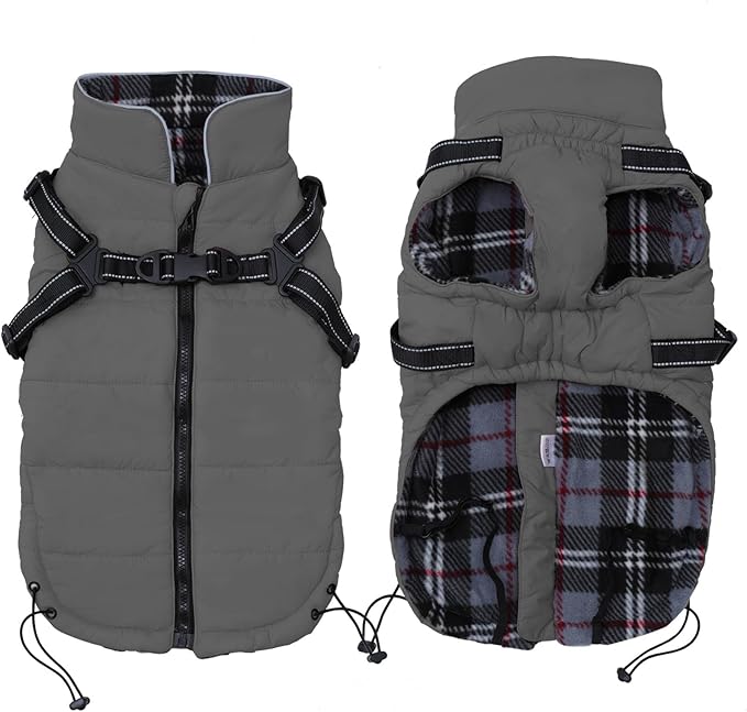 Geyecete Winter Warm Coat Waterproof Dog Jacket with Harness Traction Belt,Pet Outdoor Jacket for Small Dogs-Gray