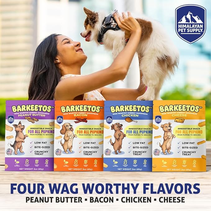 Barkeetos Dog Treats Variety Pack – Peanut Butter, Bacon, Cheese & Chicken – Crunchy Cheesy Snacks with Real Himalayan Cheese – Grain Free, Gluten Free, Lactose Free – for All Breeds - 4 Pack