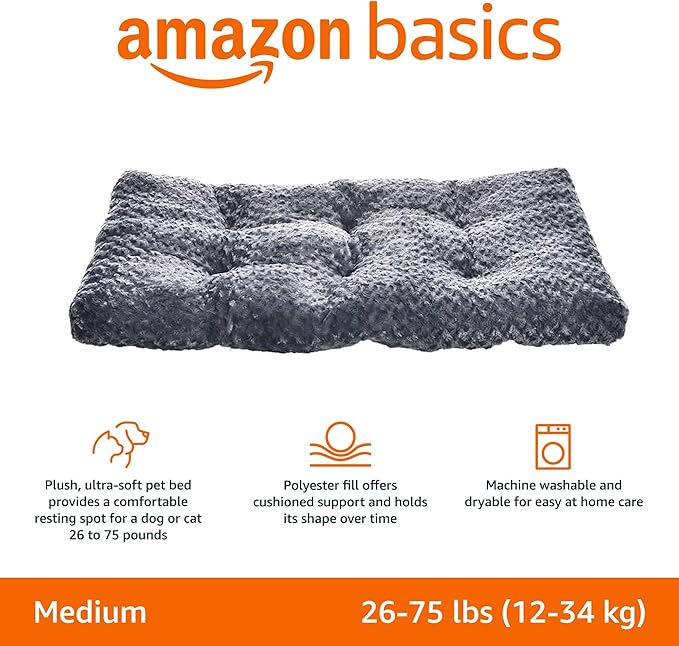 Amazon Basics Cat and Dog Bed and Crate Pad, Machine Washable, Indoor, 35 x 23 x 3 inches, Gray