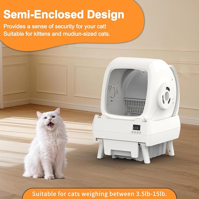 FRCFRC Automatic Cat Litter Box Self Cleaning - App Control, Cat Toilet Records, Suitable for Medium Cats and Kittens, Anti-Pinch Safety, Low Noise Operation【Assembly Required】- White
