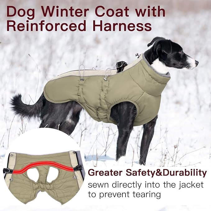 Dog Winter Jacket - XX Large, Warm Zip Up Snowsuit Dog Harness Vest, Reflective, Water-Resistant, Apricot