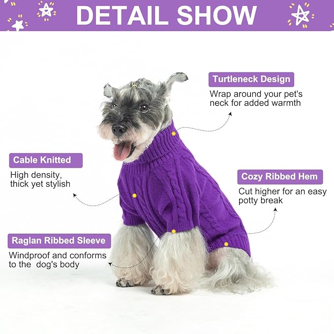 BEAUTYZOO Dog Sweaters for Small Dogs Girl Small Dog Sweater Female Male-Warm Dogs Christmas Sweater,Thick Turtleneck Pullover Pet Clothes Cable Knitwear in Winter for Puppy Chihuahua Yorkie,Purple S