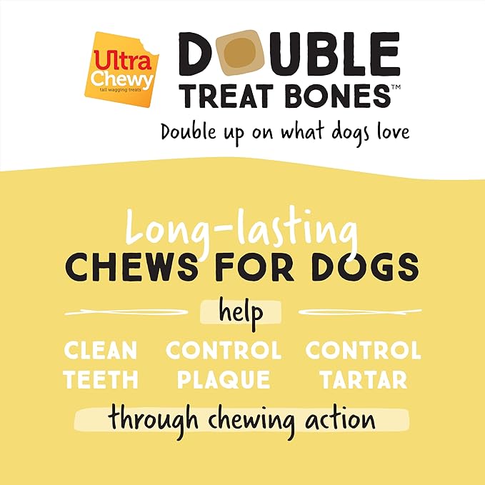 Ultra Chewy Yogurt with Banana Double Treat Bones: Long-Lasting Dog Treats Made in USA for Large and Small Breeds, Highly Digestible, Ideal for Aggressive Chewers (24 Count)