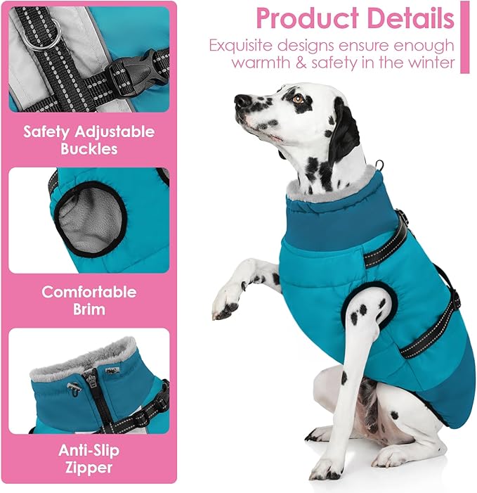 AOFITEE Dog Coat for Large Dogs, XXXL Dog Winter Jacket with Harness Built in, Turtleneck Cold Weather Coat for Extra Large Dogs, Reflective Pet Fleece Jacket with Zipper for Great Dane, Turquoise 3XL