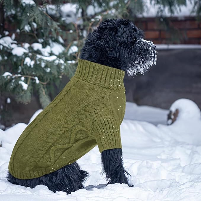 Queenmore Small Dog Pullover Sweater, Cold Weather Cable Knitwear, Classic Turtleneck Thick Warm Clothes for Chihuahua, Bulldog, Dachshund, Pugl,OliveGreen,XS