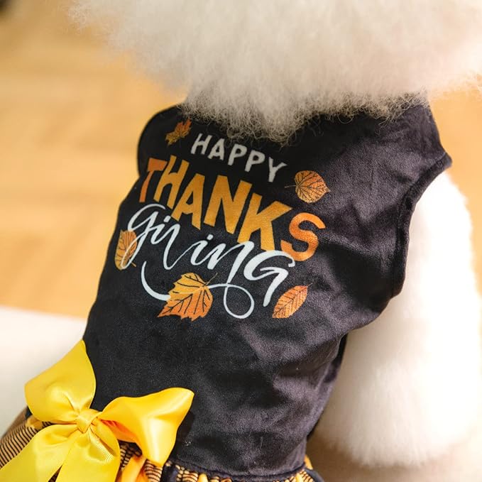 CuteBone Happy Thanksgiving Day Dog Fall Dress Costume Velvet for Small Dogs Girl Puppy Dresses Yellow Plaid Dog Clothes CVA03XS-D