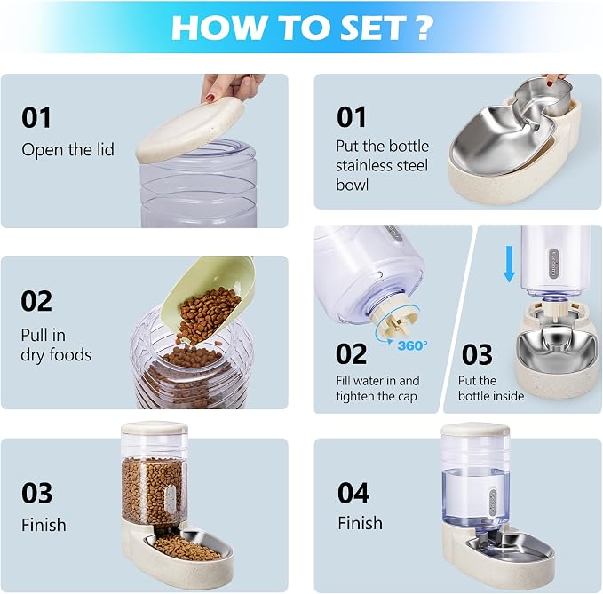 Automatic Cat Feeder and Water Dispenser with Stainless Steel Bowl Gravity Food Feeder and Waterer Set for Small Medium Dog Puppy Kitten 1 Gallon x 2(Beige)