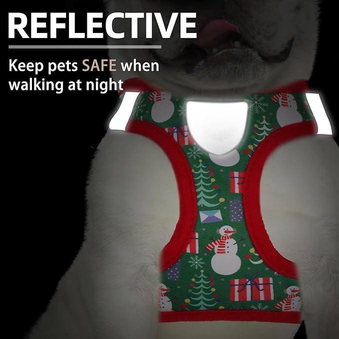 PUPTECK Adjustable Dog Harness Collar and Leash Set Step in No Pull Pet Harness for Small Medium Dogs Puppy and Cats Outdoor Walking Running, Soft Mesh Padded Reflective Vest Harnesses, Christmas, L