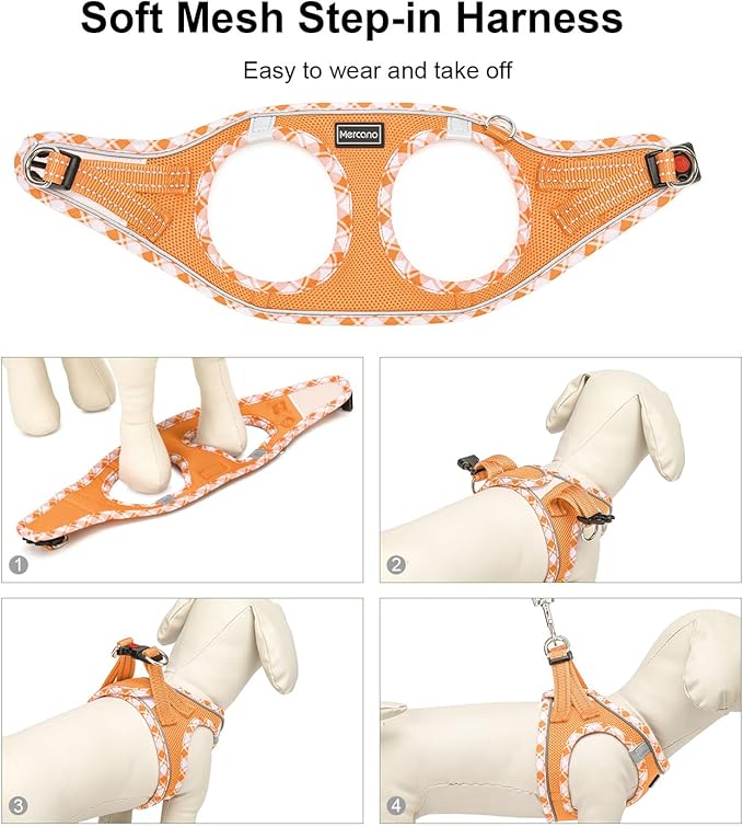 Mercano Soft Mesh Dog Harness and Leash Set, No-Chock Step-in Reflective Breathable Lightweight Easy Walk Vest Harnesses with Safety Buckle for Small Dogs, Cats (Orange, XL)