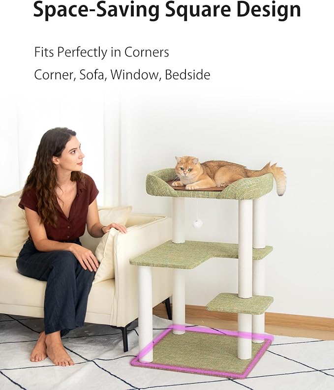LULUCAT Cat Tree Tower 37.4'' (95 cm) with Scratching Posts,Multi-Level Cat Tree Tower with Wide Shelves for Senior Friendly Baby/Large Cats, Scratching Posts(Olive Green)
