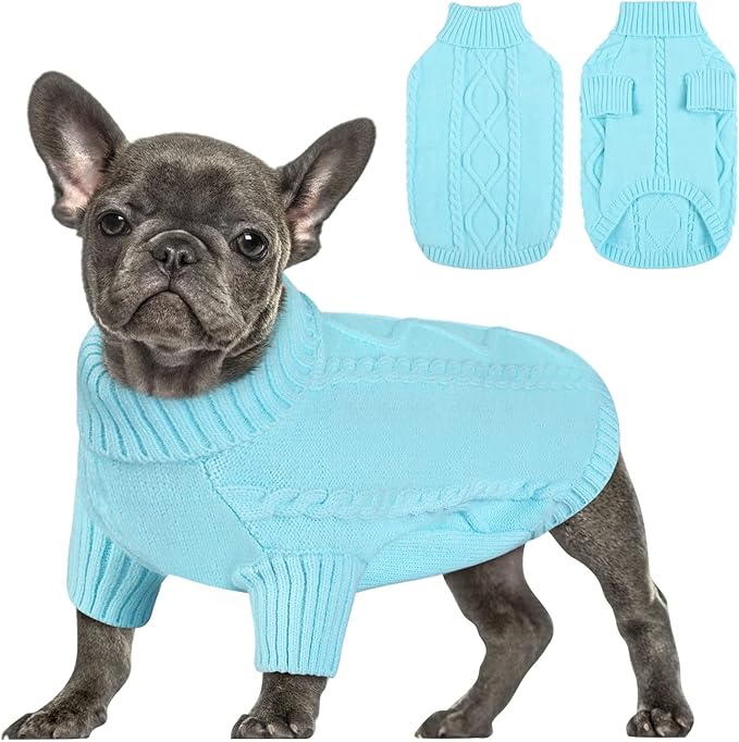 Queenmore Small Dog Pullover Sweater, Cold Weather Cable Knitwear, Classic Turtleneck Thick Warm Clothes for Chihuahua, Bulldog, Dachshund, Pug (Sky Blue, X-Small)