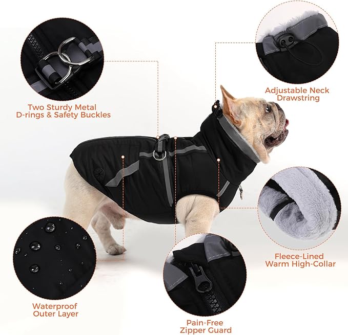 Mihachi Medium Dog Coat with Harness Built in, Warm Dog Winter Coat with Pockets for Dogs, Waterproof Reflective Fleece Vest with Zipper, Pet Windproof Warm Cold Weather Jacket Snowsuit Outfit,Black M