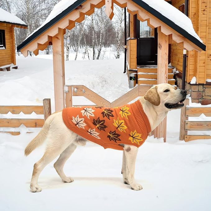 KOOLTAIL Fall Dog Sweater, Thanksgiving Dog Sweater with Autumn Maple Leaf Pattern, Cold Weather Pet Knitted Winter Coats Clothes Turtleneck Pullover for Small Medium Large Dogs Cat Boy Girl, Orange L
