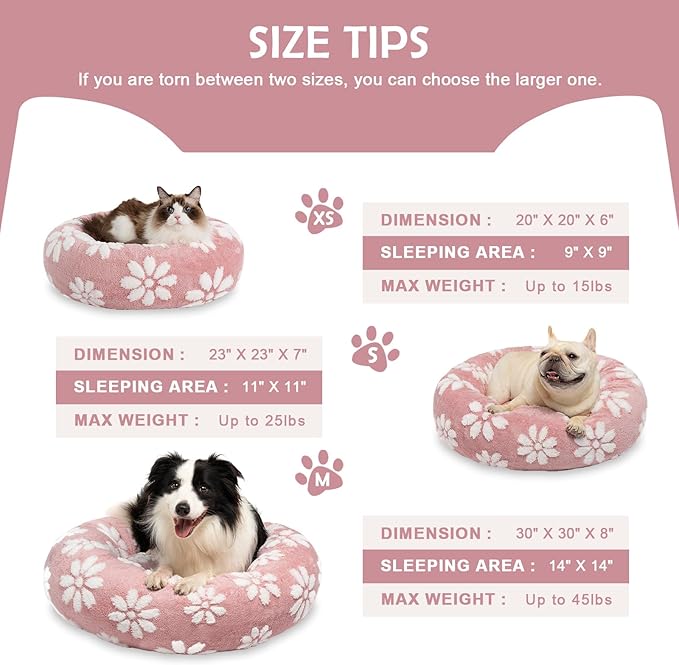 Yaning Donut Dog Beds for Small Dogs, Calming Round Cat Beds for Indoor Cats, Cute 3D Textured Flower Pet Bed with Removable Washable Cover and Anti-Slip Bottom（Pink，23"）