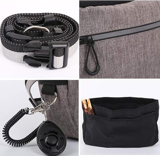 Pet Dog Treat Pouch Waist Bag, Auto Closing Waterproof Oxford Adjustable Training Belt Bags with Poop Bag Dispenser + Dog Collapsible Bowl for Dog Cat Running, Walking, Feeding (Grey)