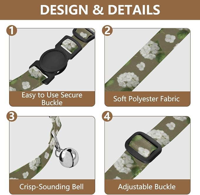 2 Pack Pet Collar White Hydrangea Green Collar with Bell for Dog Puppy, Adjustable Length 10.6" to 17.1"