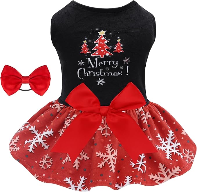 CuteBone Christmas Dog Dresses Velvet Holiday Small Dogs Clothes Onesie Pet Apparel Girl Puppy Skirt with Bow Hair Rope CVA54XXS-D