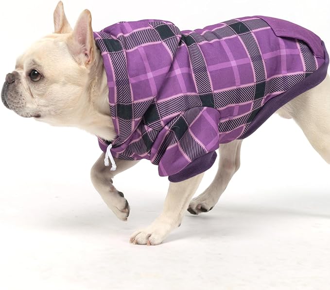 KOOLTAIL Plaid Dog Hoodie for Small Medium Large Dogs - Pet Clothes Sweater with Hat and Pocket for Cold Weather Winter, Warm Soft Dog Hooded Sweatshirt Coat Outfit for Puppy Cats Girls Boys Purple SM