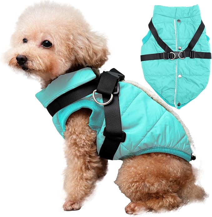 Dog Jacket with Harness,Fleece Lined Warm Puppy Coat for Winter,Soft Windproof Small Dog Vest,Bluegreen M
