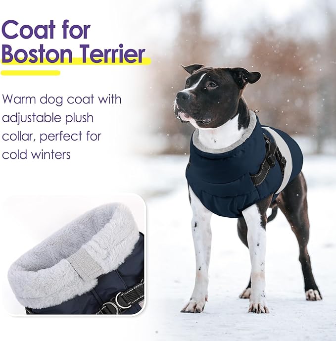 SUNFURA Small Dog Coat with Harness Built in, Warm Dog Jacket Winter with Zipper On Back, Waterproof Pet Snow Jacket Snowsuit Pet Sweater Clothes for Schnauzer, Yorkshire Terrier, Navy Blue S