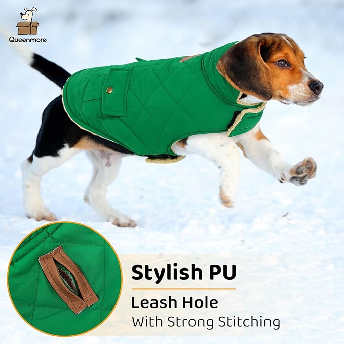 Queenmore Warm Dog Coat, Cold Weather Puffer Dog Coat Vest, Quilting Winter Pet Jacket Ultra Thick Plush Fleece Lining Pet Clothes for Dogs with Storage Pockets (Forest Green, Medium)
