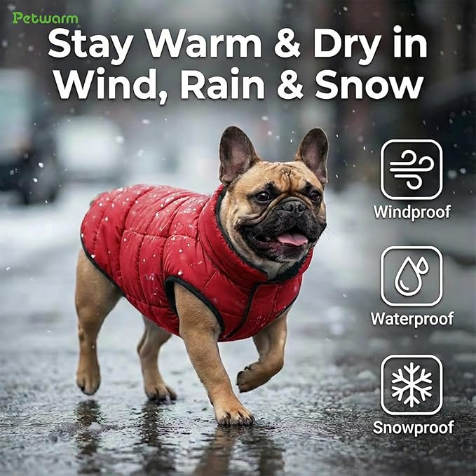 PetWarm Reversible Dog Winter Coat, Windproof Dog Puffer Vest, Soft Vest for Dogs with Hook-and-Loop Strap for Easy Dressing, Waterproof Coat for Dogs with Adjustable Fit, Red, 2XL