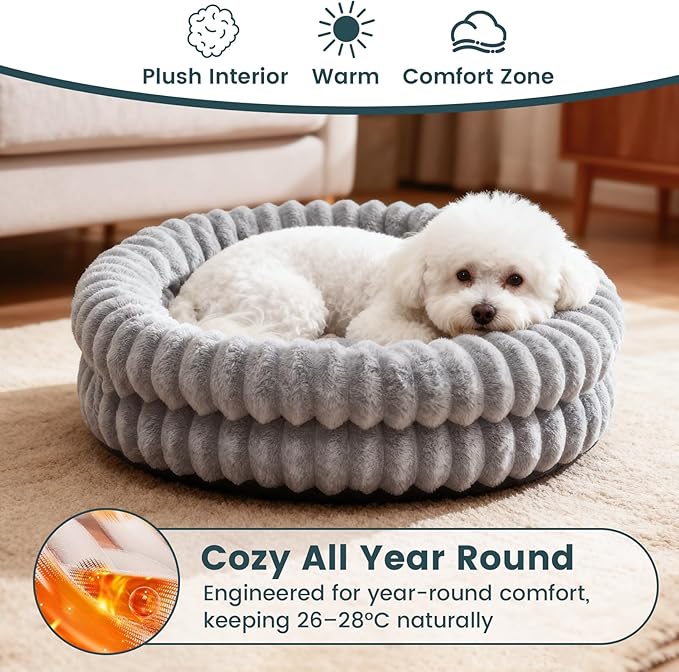 Petinstinct Cat Beds for Indoor Cats, Machine Washable Orthopedic Donut Dog Bed for Small Dogs, Fluffy Round Pet Bed with Anti-Slip Bottom for Puppy and Kitten, Gray, 20"x20"x6.5"