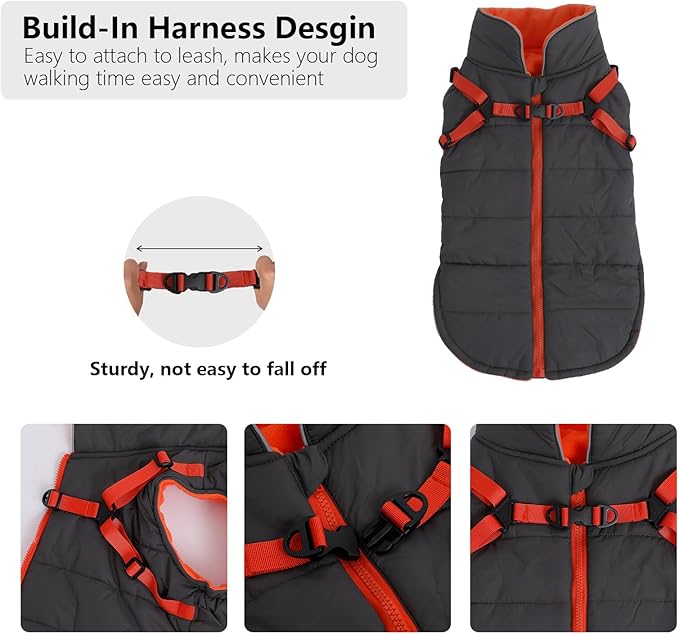 Geyecete Winter Warm Coat Waterproof Dog Winter Jacket with Harness Traction Belt,Windproof Pet Outdoor Jacket-Gray-L