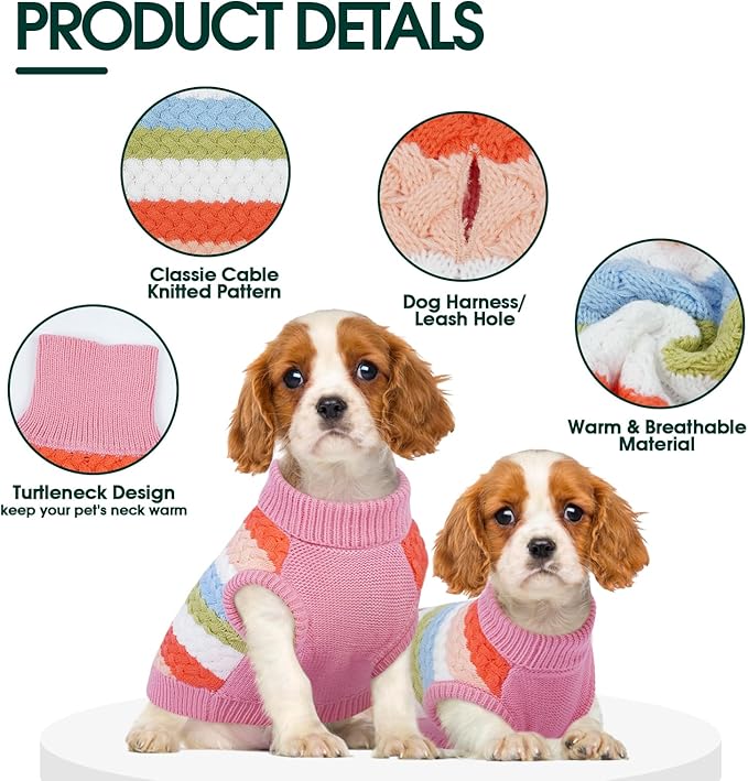 Kuoser Dog Sweater, Large Sweaters for Dogs Doggy Turtleneck Christmas Thanksgiving Outfit, Thick Warm Knitted Dog Winter Vest Puppy Fall Sweater, Pet Cold Weather Sweatshirt Warm Clothes, Pink L