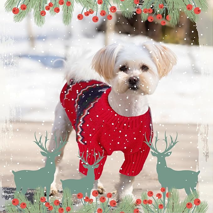 Queenmore Christmas Dog Sweater,Knitted Pullover Christmas Clothes,Turtleneck Dog Xmars Outfit, Warm Pet Sweaters for Small Dogs Boys or Girls M